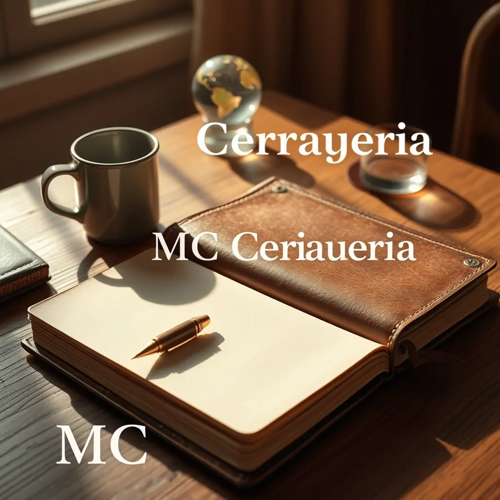 Un diario de cuero abierto sobre un escritorio de roble, con un bolígrafo y una taza, ideal para reflexionar sobre "Cual es el mejor servicio de reparacion de persianas en Barcelona".