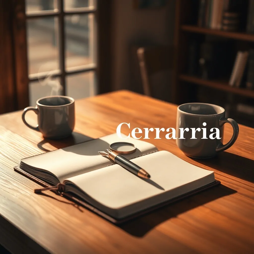 Escritorio de roble iluminado con un cuaderno, pluma, lupa y taza humeante; ideal para investigar sobre servicios de reparación de persianas en Barcelona.