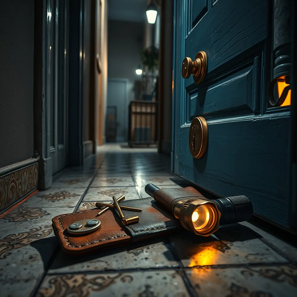 Puerta azul clara entreabierta en un pasillo de Barcelona, herramientas de cerrajería en el suelo; tensión nocturna. Cuales son los mejores servicios de apertura de puertas de emergencia en Barcelona.