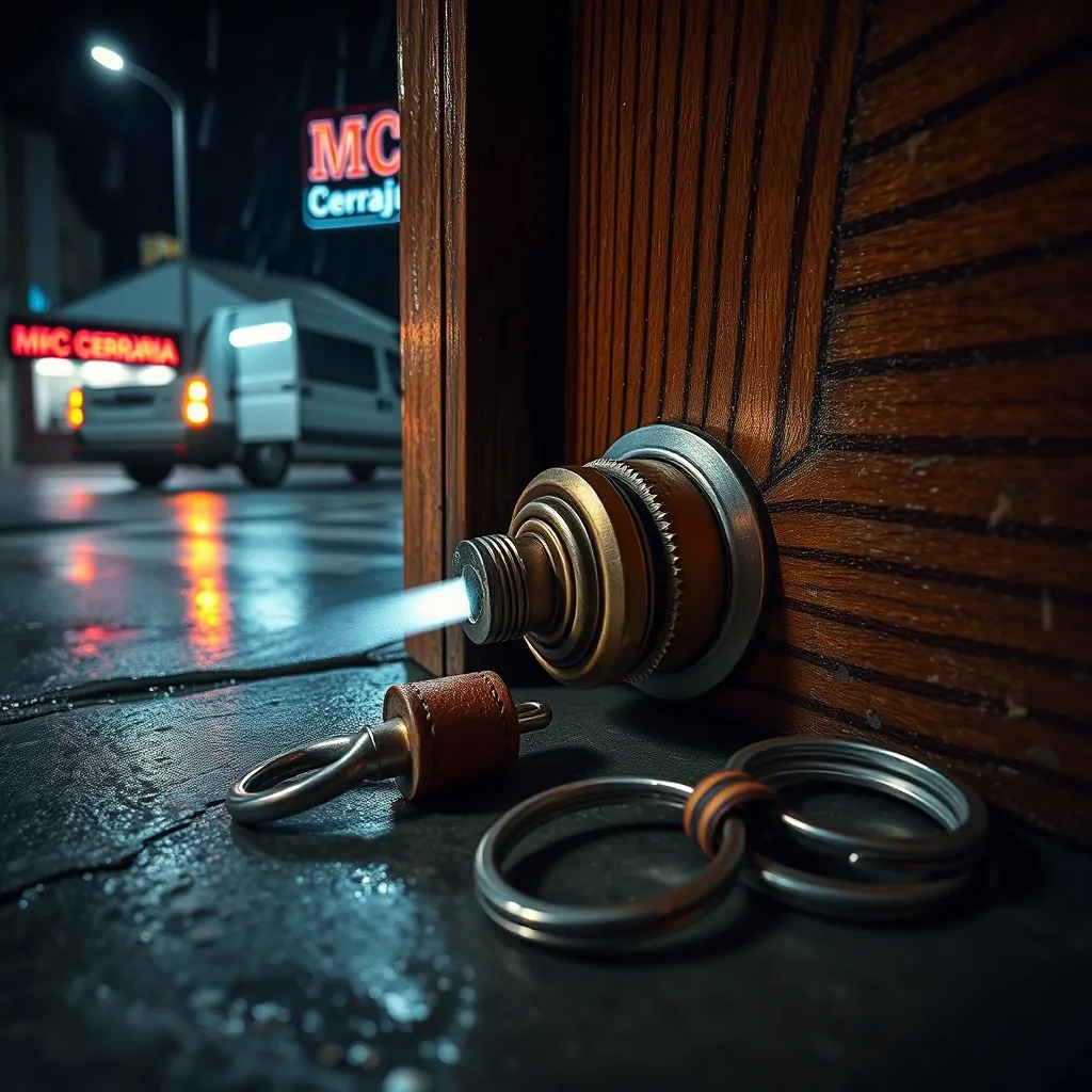 Cerca de un intento de apertura de puerta, herramientas de cerrajería y un ambiente urbano nocturno; cerrajeros ofrecen servicios 24 horas para apertura de puertas.