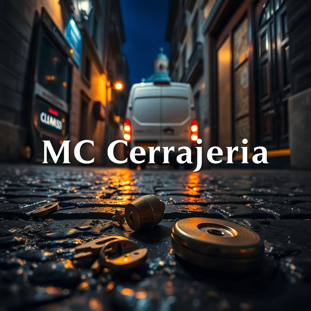 Escena nocturna de un cerrajero en Barcelona con herramientas, furgoneta iluminada y puerta catalana; servicio urgente de apertura.