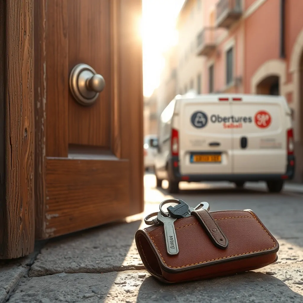 Puerta de entrada en Sabadell medio abierta, con herramientas y furgoneta de servicio, evocando "Que servicio de apertura de puertas tiene la mejor reputacion en Sabadell".