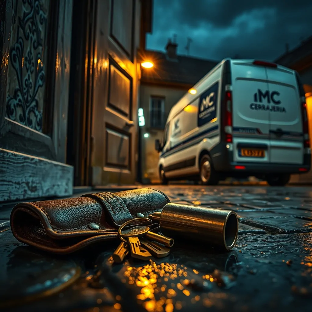 Escena tensa de cerrajería de emergencia en Sabadell, con herramientas y un candado abierto, bajo la lluvia nocturna. Cuales son los cerrajeros mas recomendados en Sabadell para emergencias.