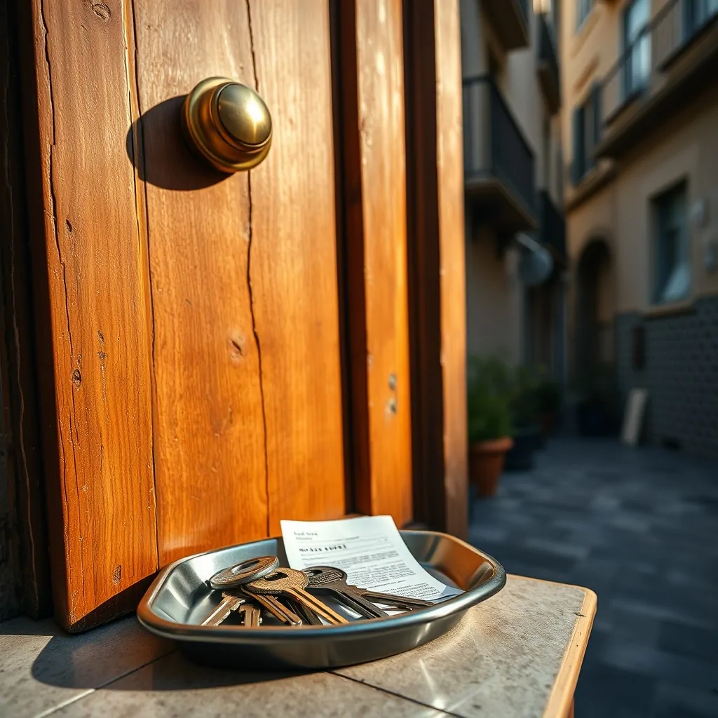 Puerta de apartamento en Barcelona con cerradura de bronce, llaves y herramientas; atmósfera cálida y acogedora. Cuales son los mejores servicios de cerrajería en Barcelona.