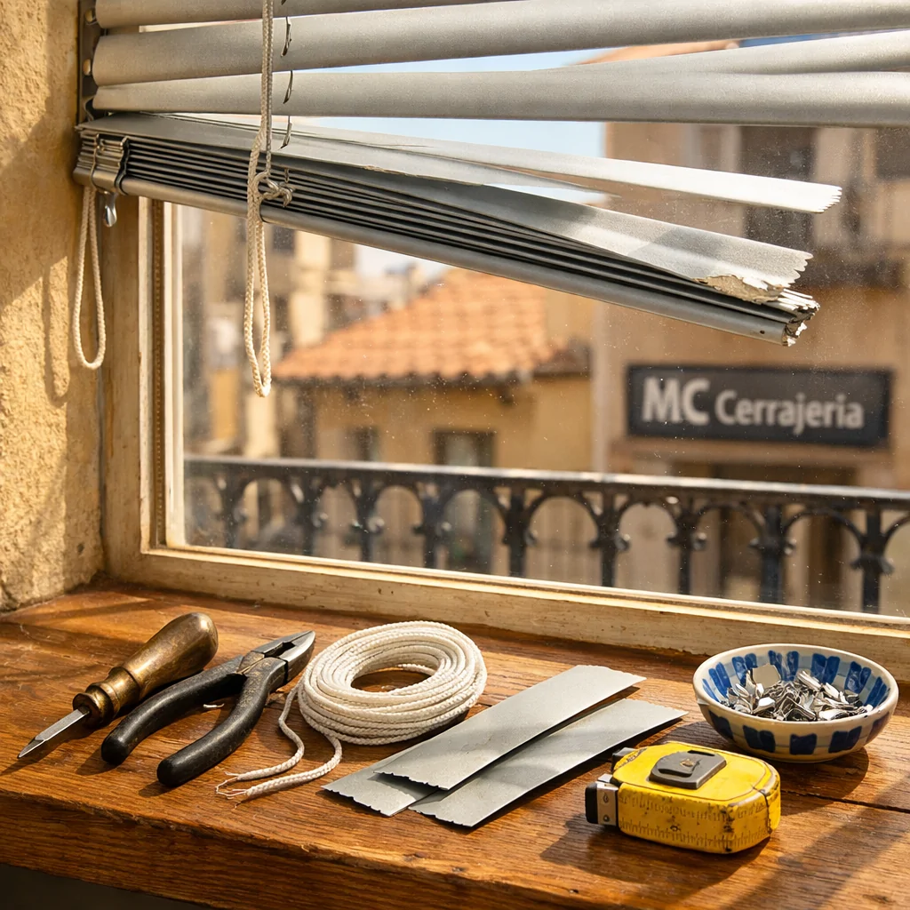 Ventana soleada en Barcelona con persiana dañada y kit de reparación; opciones confiables para arreglar persianas en Barcelona.