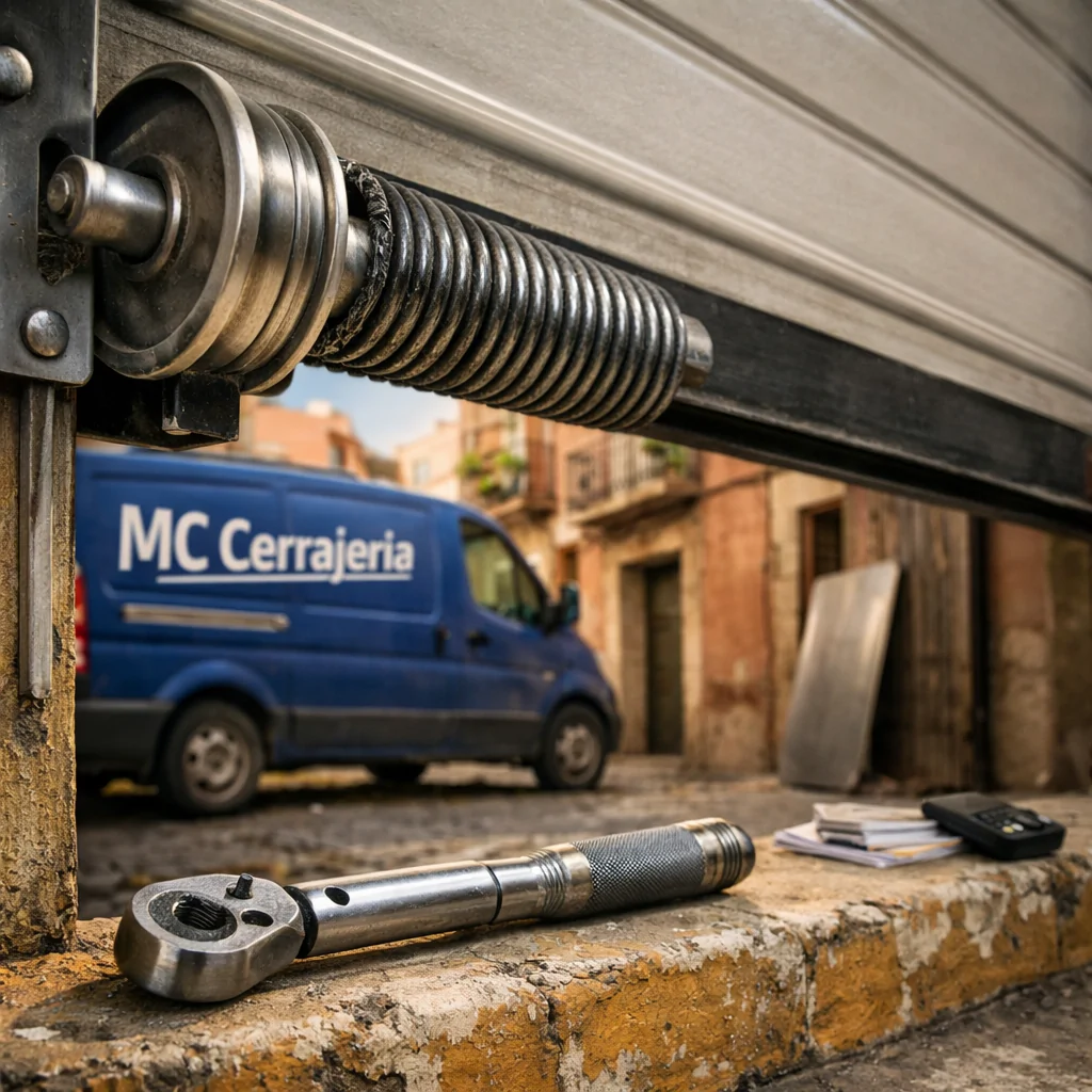 Puerta de garaje entreabierta en una calle de Barcelona, herramientas y un furgón azul; ideal para reparaciones de garaje. Cuales son las empresas recomendadas para la reparacion de puertas de garaje en Barcelona.