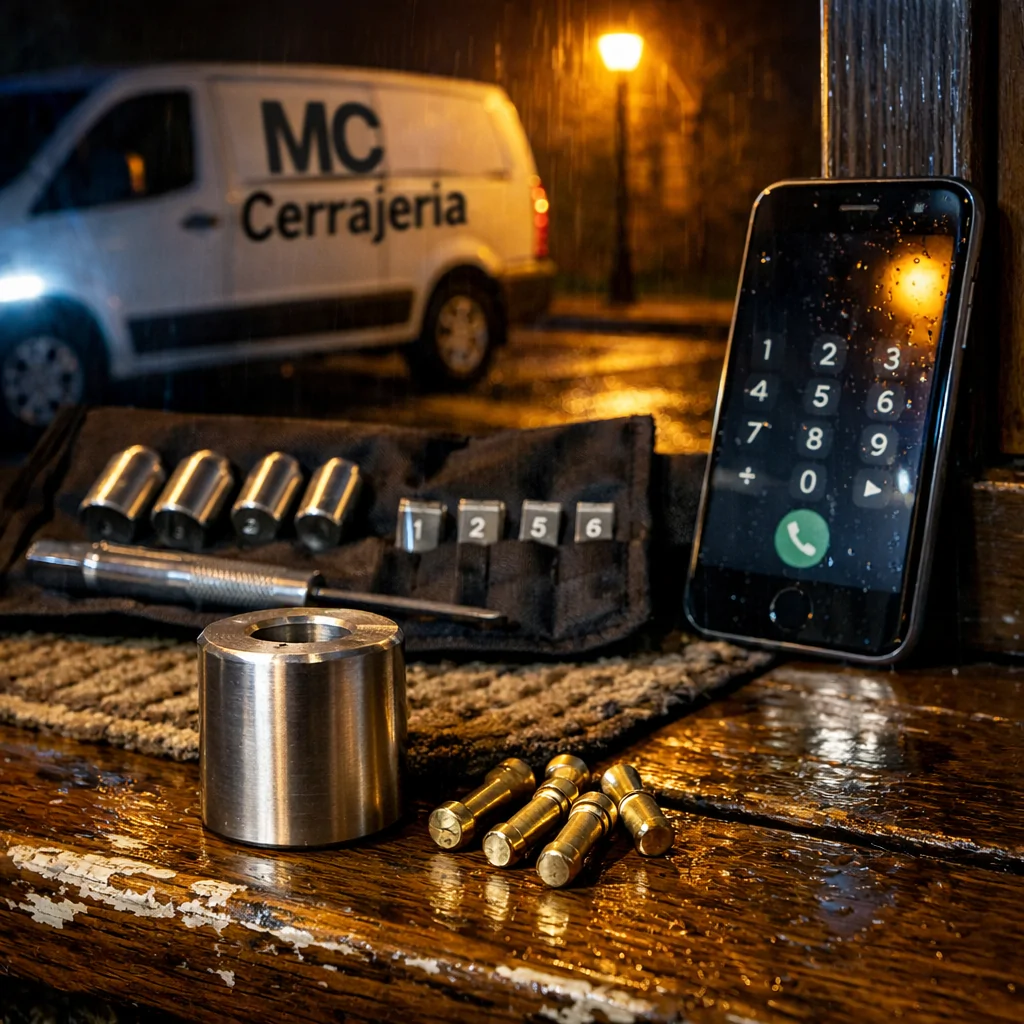 Escena nocturna con herramientas metálicas en un umbral, reflejos y sombras; busca "Donde puedo contratar un cerrajero urgente para cambio de cerraduras".