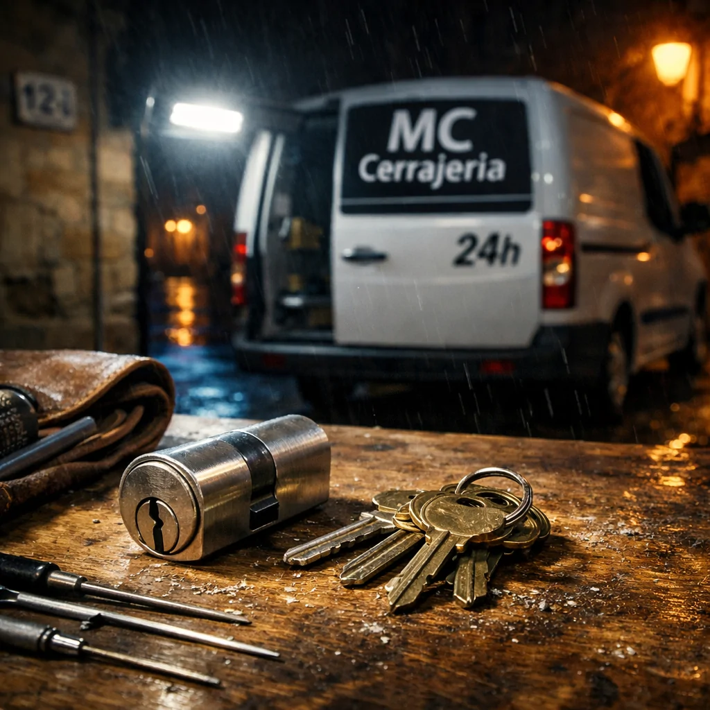 Cilindro de cerradura y llaves sobre un banco de trabajo, con un furgón 24h en Sabadell y calles empapadas de lluvia.