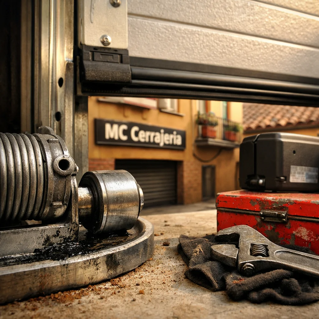 Vista cercana de una puerta de garaje en Madrid, destacando detalles mecánicos y herramientas; ideal para reparar. Que servicios de reparacion de puertas de garaje son mas efectivos en Madrid.