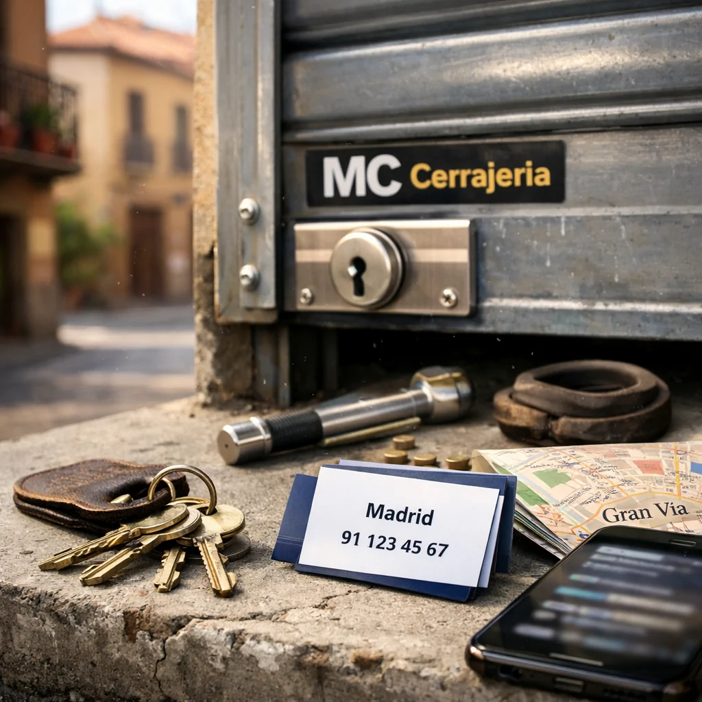 Llave y tarjeta de cerrajero en Madrid, junto a un mapa y un teléfono, buscando "Donde encontrar recomendaciones para cerrajeros en Madrid que reparen puertas de garaje".