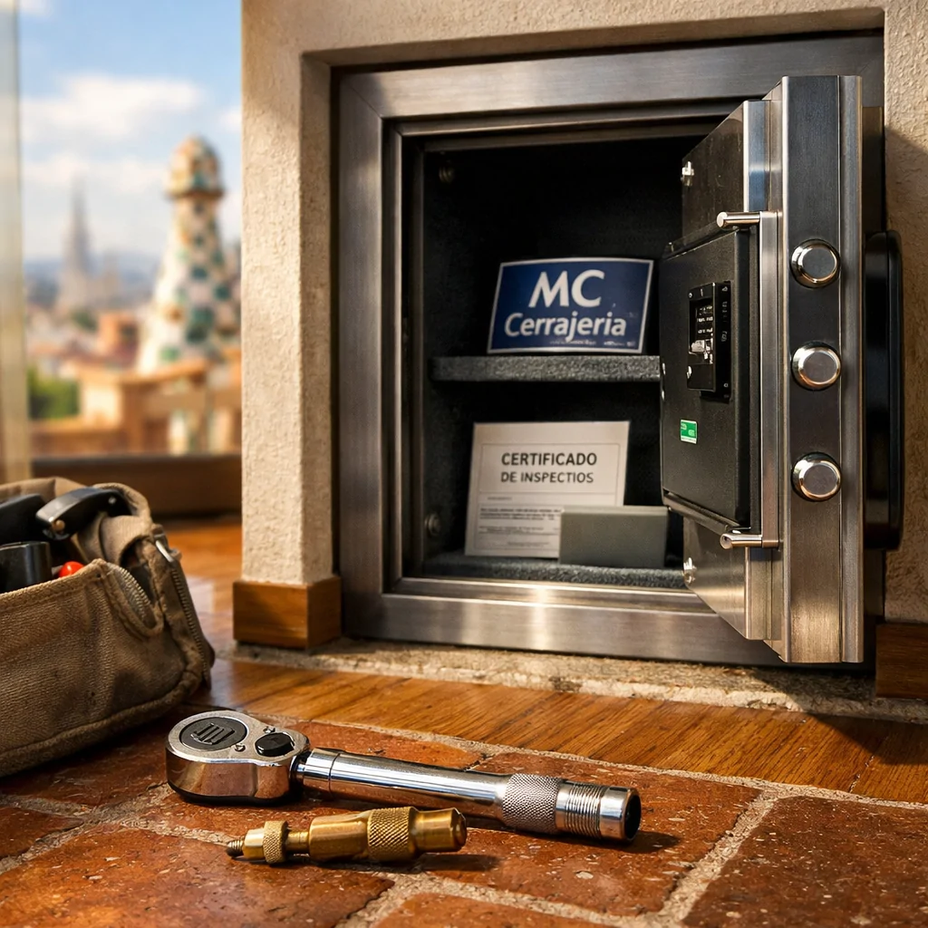 Cajas fuertes en Barcelona: instalación profesional de cerrajería, herramientas en el suelo y vista de techos de la ciudad.