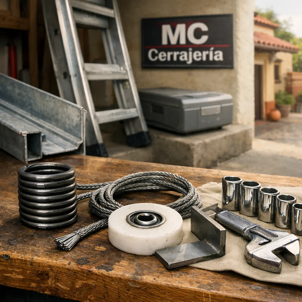 Primer plano de herramientas de reparación de garaje en Madrid; Cuales son los cerrajeros con mas experiencia en reparacion de puertas de garaje en Madrid.