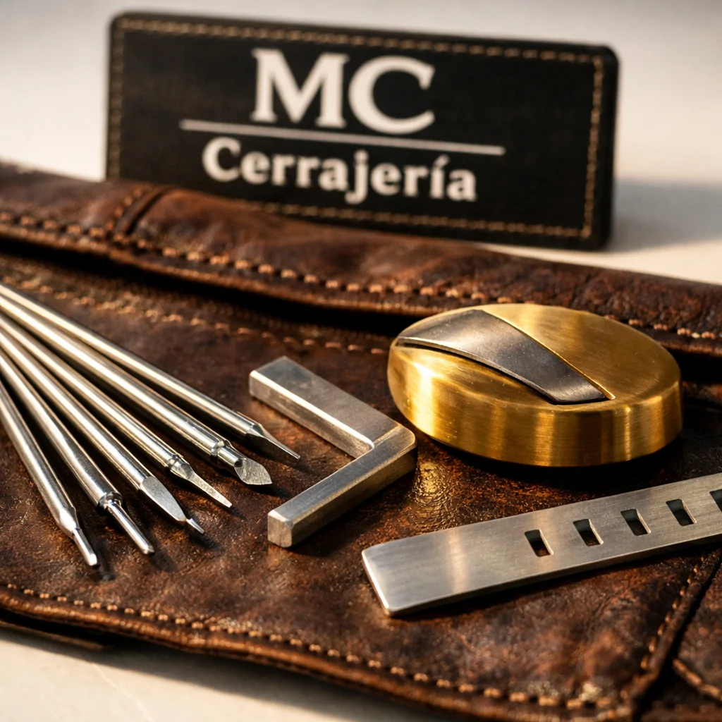 Kit de emergencia sobre cuero marrón, herramientas metálicas brillantes y furgón de servicios en Barcelona. Cuales son las opciones mas urgentes para apertura de puertas en Barcelona.