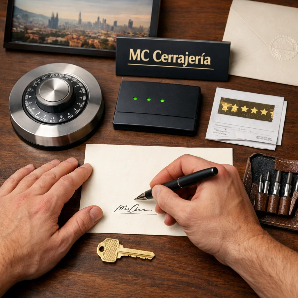 Manos firmando un testimonio en una mesa de cerrajería en Barcelona, rodeadas de tecnología de seguridad y herramientas.