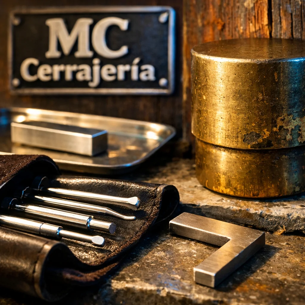 Primer plano de un cilindro de cerradura en una puerta desgastada, con herramientas y un ambiente nocturno en Barcelona. Cuales son las mejores cerrajerias para servicios de apertura de puertas 24h en Barcelona.