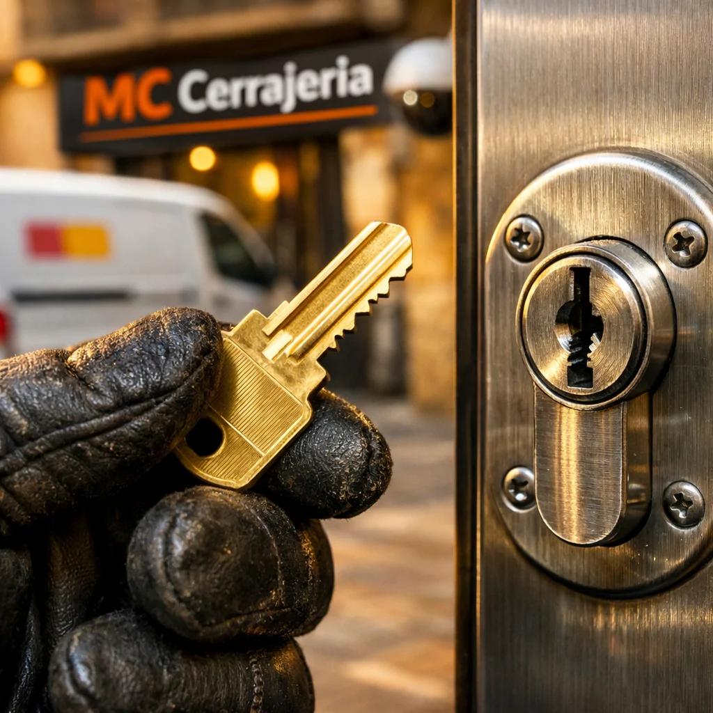 Mano de cerrajero con guante negro sosteniendo una llave de bronce, frente a una cerradura en una puerta en Barcelona. Que empresas de cerrajeria recomiendan para seguridad en locales en Barcelona.