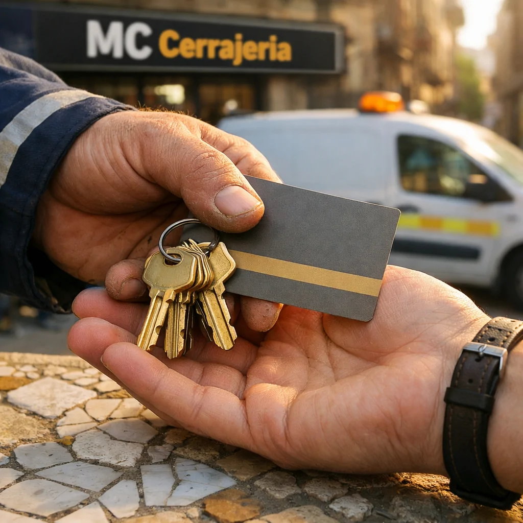 Primer plano de manos intercambiando llaves y tarjeta de visita en Barcelona, destacando la atención al cliente en cerrajería.