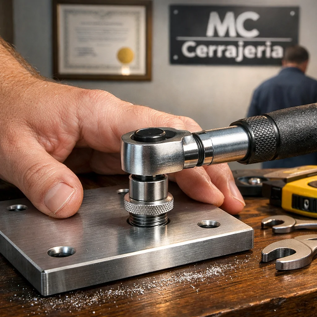 Primer plano de un técnico ajustando un tornillo con una llave de torque, destacando la precisión en la instalación de cajas fuertes en Barcelona.