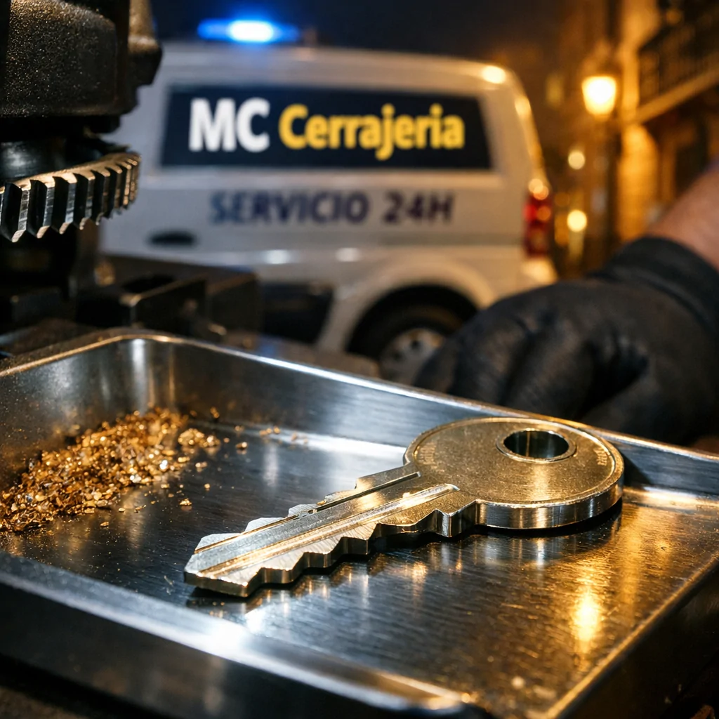Llave de bronce recién cortada en una unidad de cerrajería, con un fondo urbano nocturno que evoca "Que empresas de cerrajería ofrecen servicio 24H en Barcelona".