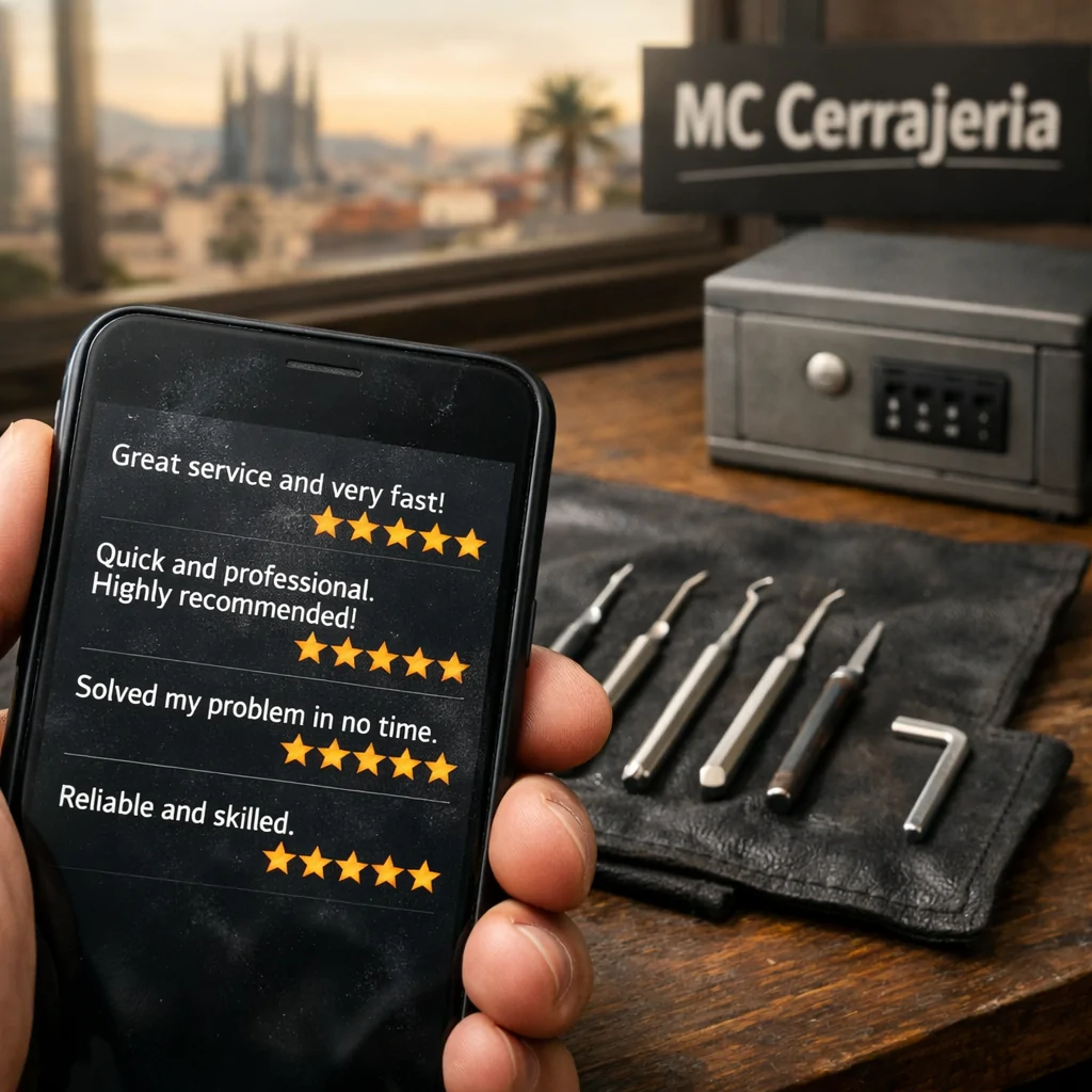Primer plano de una mano sosteniendo un smartphone con reseñas, sobre un banco de trabajo con herramientas y vista de Barcelona. Cuales son las empresas que ofrecen reparacion de cajas fuertes en Barcelona.