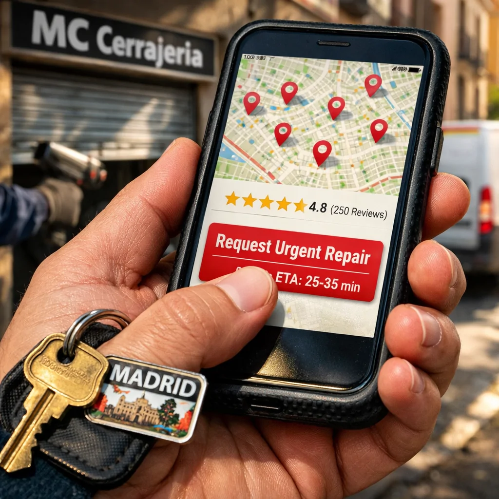 Primer plano de un smartphone mostrando un mapa de Madrid y un botón "Solicitar reparación urgente" en un contexto de urgencia.