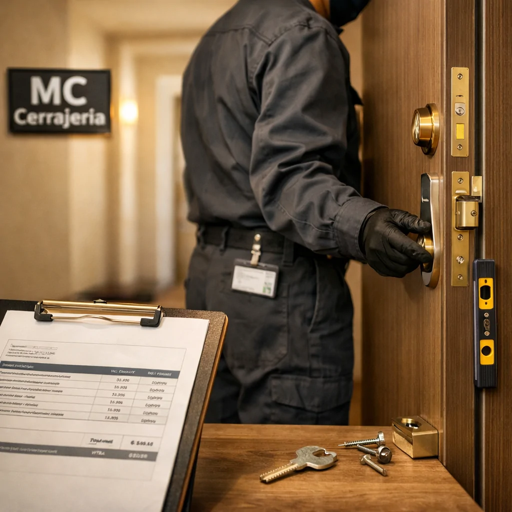 Cerrajero en puerta de Barcelona con factura, nivel y cerradura; busca mejores tarifas para cambios de cerraduras.