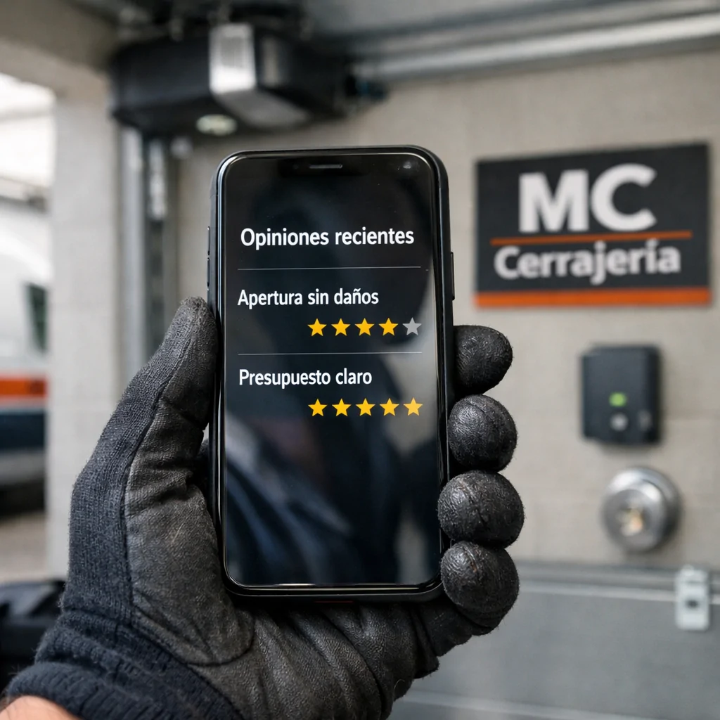 Técnico muestra reseñas de cerrajería en Madrid; “Cuales son los cerrajeros mejor valorados para apertura de puertas de garaje en Madrid”