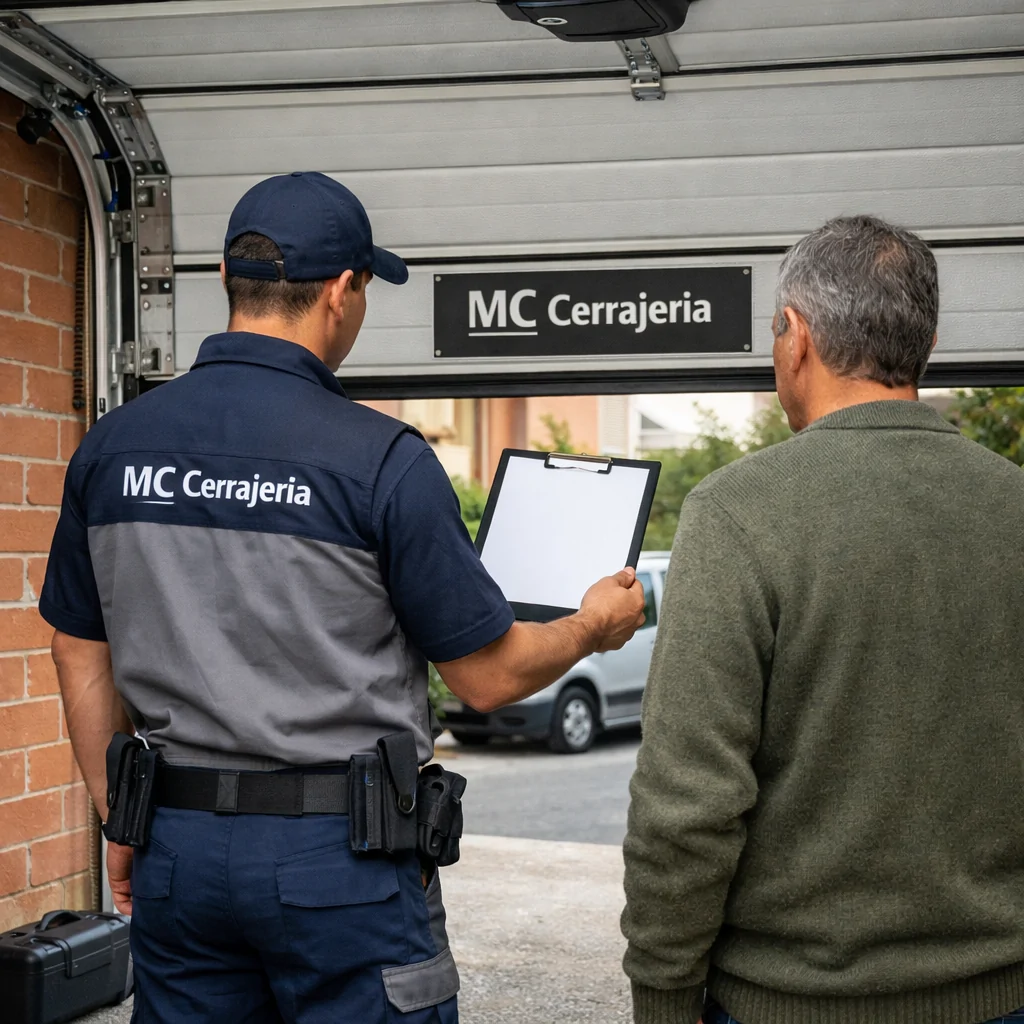 Técnico y propietario junto a una puerta de garaje abierta; Cual es la mejor empresa para reparaciones de puertas de garaje en Madrid