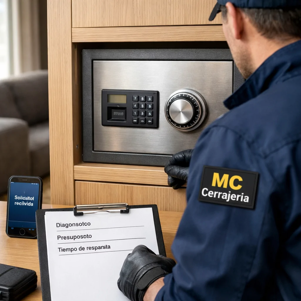Cerrajero evalúa una caja fuerte en Madrid junto a presupuesto y móvil; Cajas fuertes que empresa de cerrajeria en Madrid ofrece mejor atencion