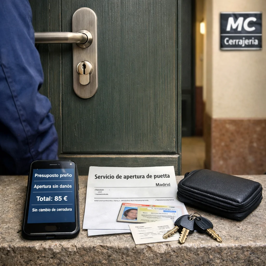 Entrada de piso en Madrid con mu00f3vil, presupuesto de 85 u20ac y documentos de cerrajero; Encuentra las opciones mas economicas para apertura de puertas en Madrid